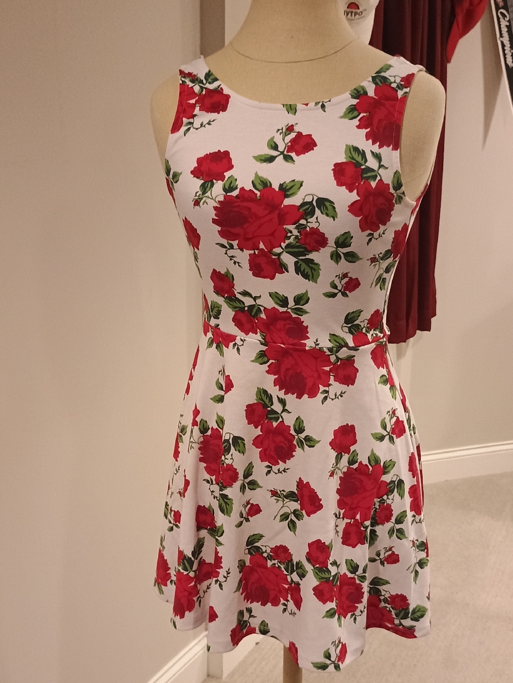 H&M White Mini Dress with Red Rose Print and Green Leaves